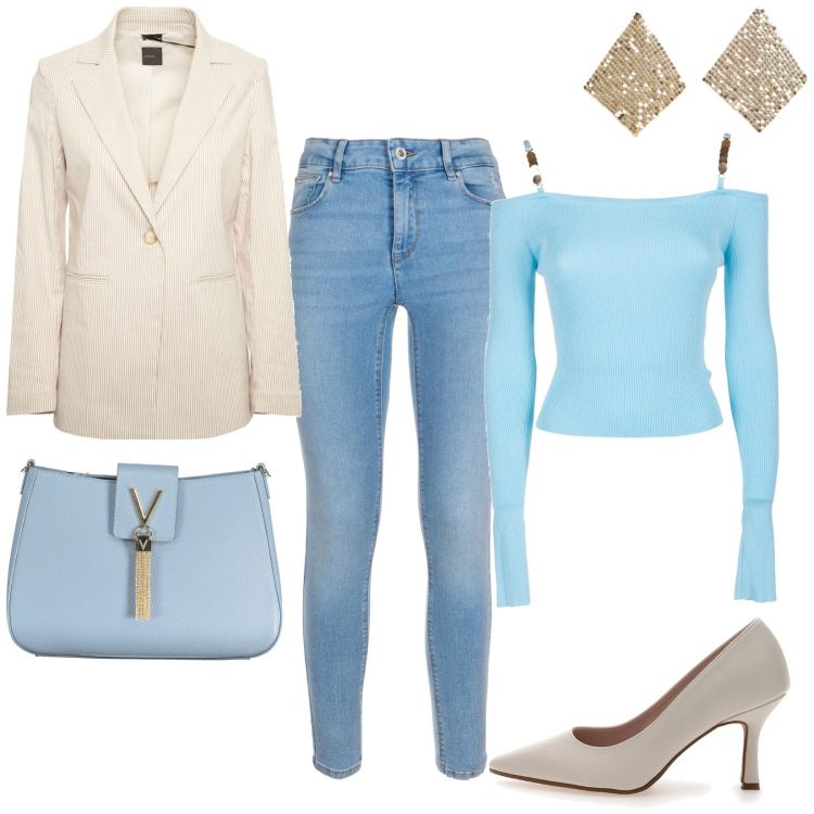 Outfit donna - Total look #1981614. Stile Casual per Tutti i giorni. Abbinamento con orecchini, jeans skinny, maglieria, décolleté, blazer, borse a spalla.