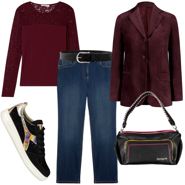 Outfit donna - Sneakers logo effetto cangiante. Stile Casual per Tutti i giorni. Abbinamento con cinture, t-shirt, blazer, sneakers, borse a spalla, jeans dritti.