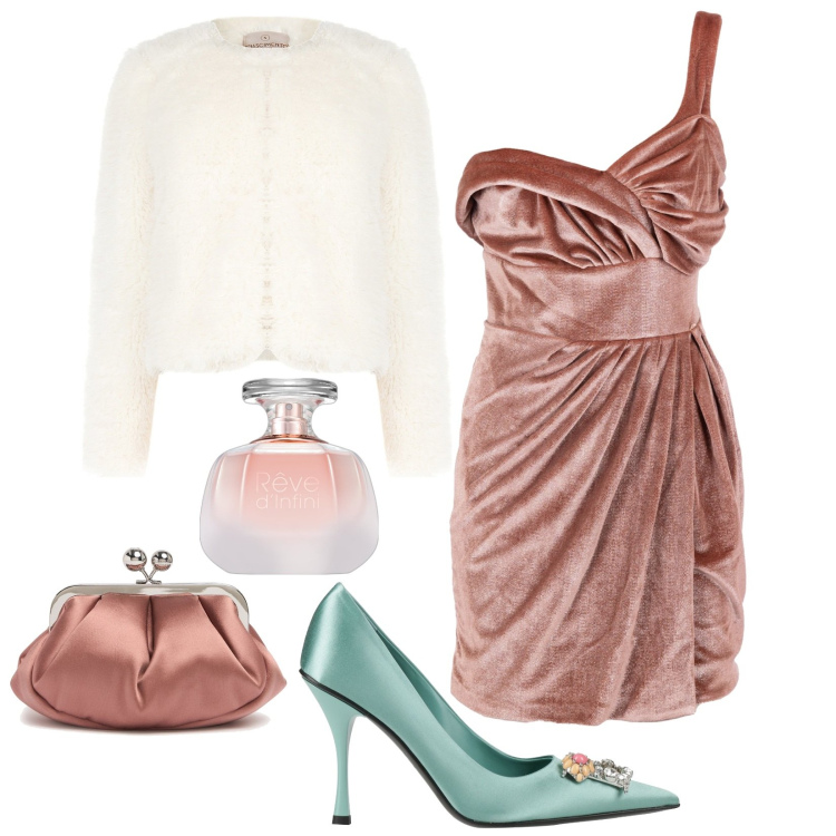 Outfit donna - Abito mini in velluto rosa. Stile Chic per Tutti i giorni. Abbinamento con décolleté, profumi, cappotti, vestiti asimmetrici, pochette.