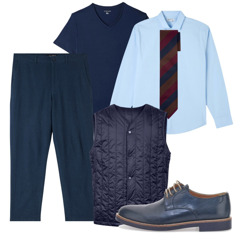 Outfit uomo - Trapuntino blu. Stile Trendy per Ufficio. Abbinamento con pantaloni, t-shirt, camicie, scarpe stringate, cravatte, piumini.