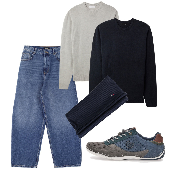Outfit uomo - Balloon in denim. Stile Urban per Tutti i giorni. Abbinamento con maglieria, jeans, scarpe stringate, sciarpe.