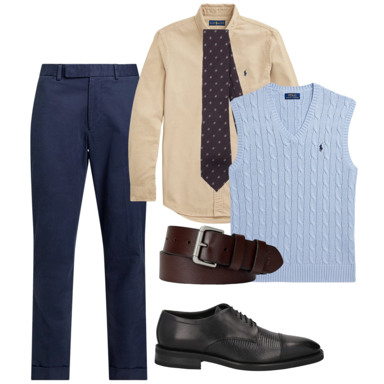 Outfit uomo - Il gilet con le trecce. Stile Business/Elegante per Ufficio. Abbinamento con scarpe stringate, cravatte, cinture, pantaloni chino, camicie, maglieria.