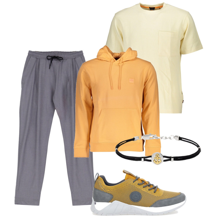 Outfit uomo - Senape e grigio. Stile Urban per Tutti i giorni. Abbinamento con braccialetti, pantaloni, sneakers, felpe con cappuccio, maglieria.