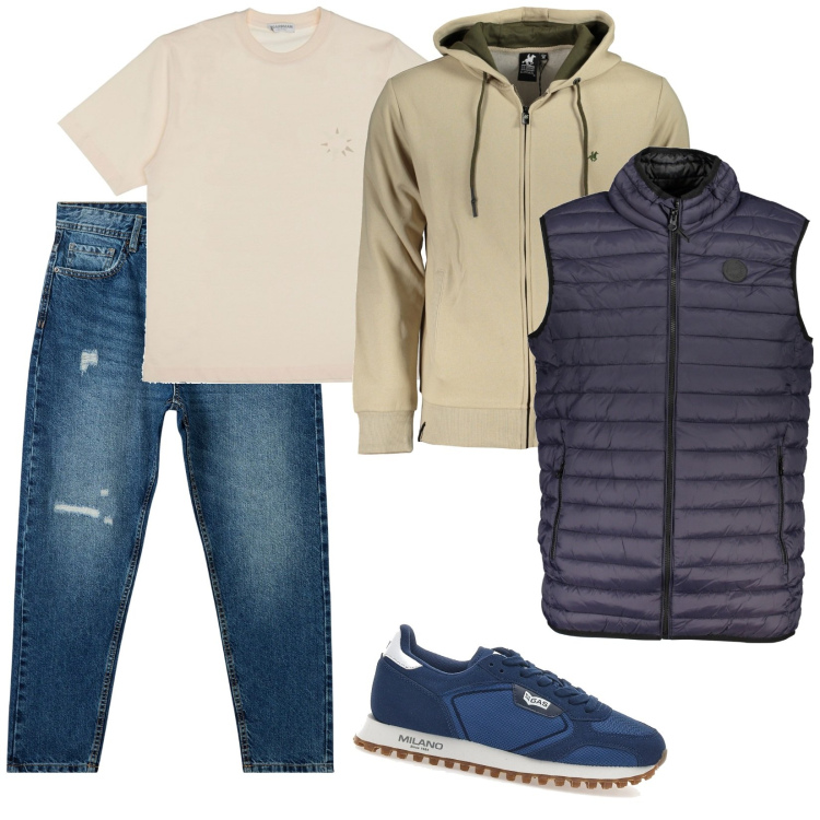Outfit uomo - Vestirsi a strati. Stile Casual per Tutti i giorni. Abbinamento con jeans strappati, sneakers, t-shirt, felpe con cappuccio, giacche.