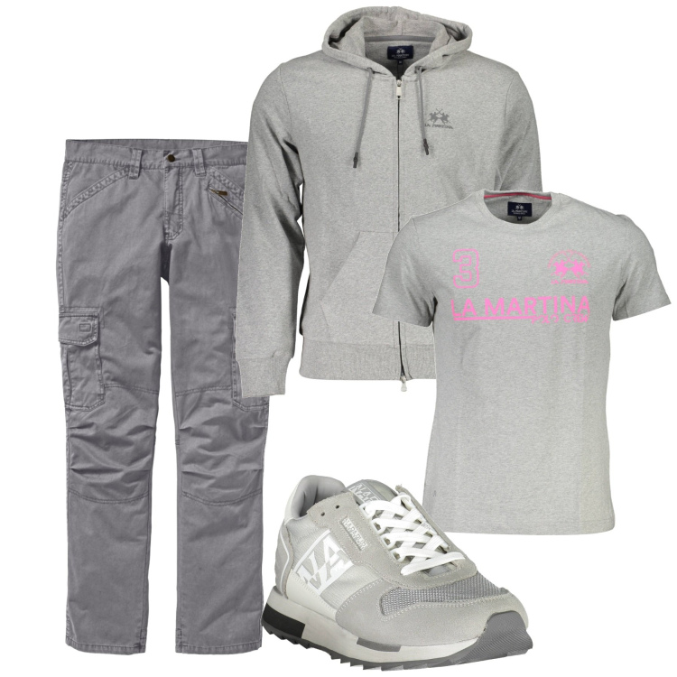 Outfit uomo - Grigio pomeriggio. Stile Urban per Tutti i giorni. Abbinamento con pantaloni cargo, felpe con cappuccio, t-shirt, sneakers.