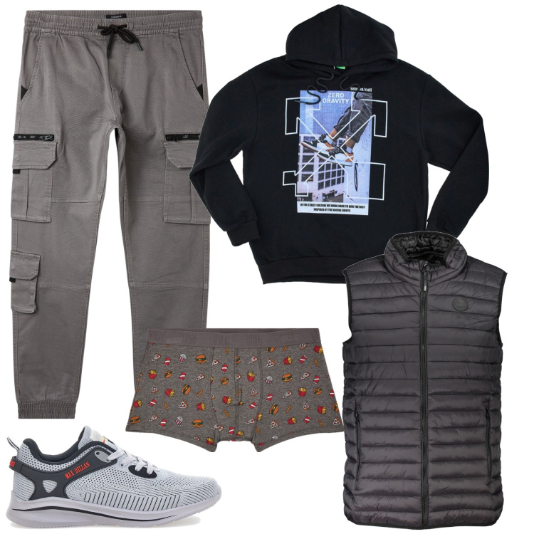 Outfit uomo - Stile athleisure. Stile Trendy per Tutti i giorni. Abbinamento con boxer, pantaloni cargo, sneakers, felpe con cappuccio, giacche.