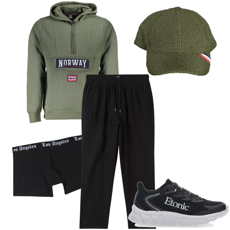 Outfit uomo - Comfort style. Stile Trendy per Tutti i giorni. Abbinamento con boxer, pantaloni, sneakers, felpe con cappuccio, cappelli con visiera.
