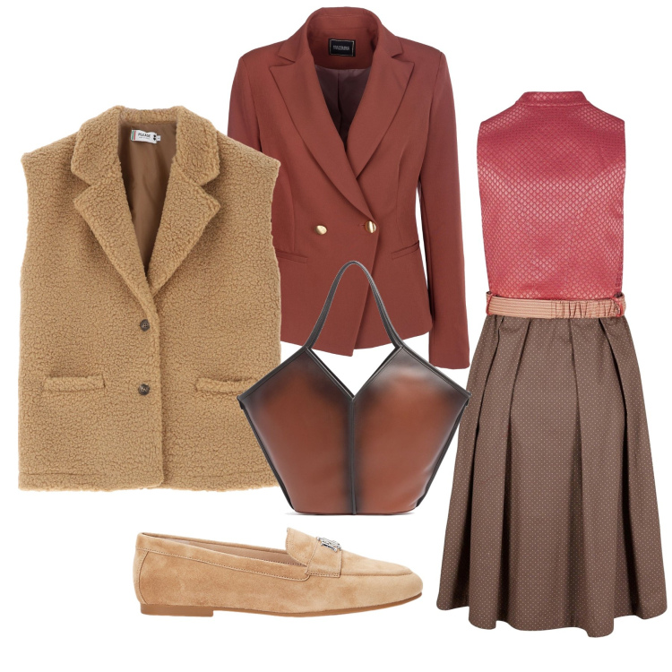 Outfit donna - Vestito marrone chiaro e bordeaux. Stile Casual per Serata fuori. Abbinamento con vestiti midi/longuette, blazer, gilet, mocassini, shopping bag.