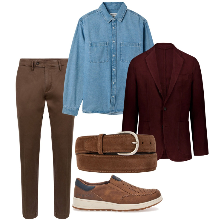 Outfit uomo - Denim e giacca. Stile Trendy per Ufficio. Abbinamento con camicie, cinture, giacche, pantaloni chino, sneakers.