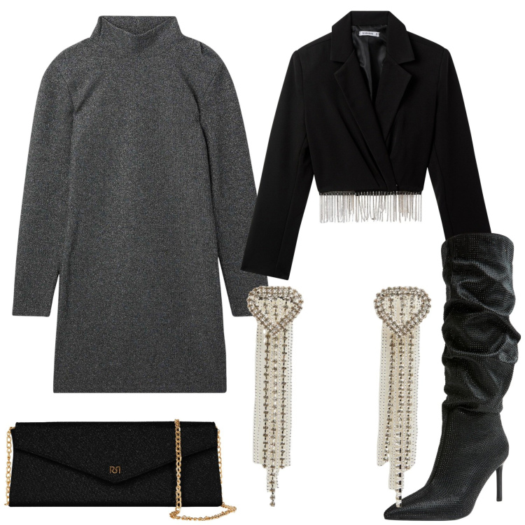 Outfit donna - Dettagli scintillanti. Stile Glamour per Serata fuori. Abbinamento con pochette, vestiti corti, blazer, stivali, orecchini.