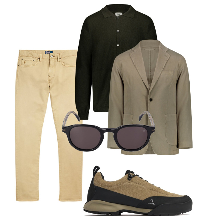 Outfit uomo - Tocchi di nero. Stile Trendy per Tutti i giorni. Abbinamento con pantaloni chino, polo, giacche, occhiali da sole, sneakers.