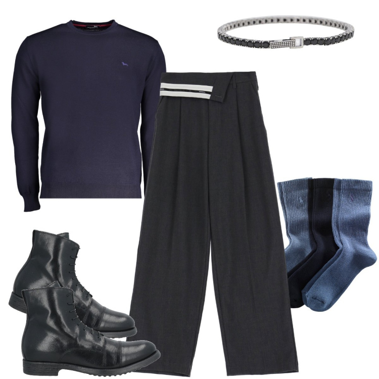 Outfit uomo - Se fuori piove. Stile Business/Elegante per Serata speciale. Abbinamento con stivali e stivaletti, braccialetti, pantaloni a palazzo, calzini, maglieria.