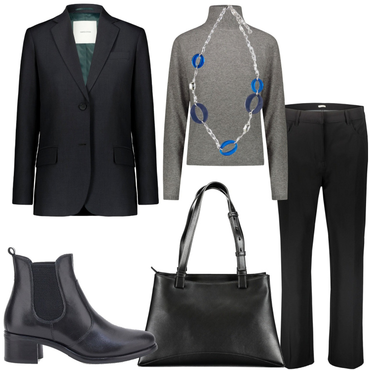 Outfit donna - Giorno lavorativo. Stile Casual chic per Ufficio. Abbinamento con pantaloni, blazer, stivaletti chelsea, maglieria, borse a spalla, ciondoli.