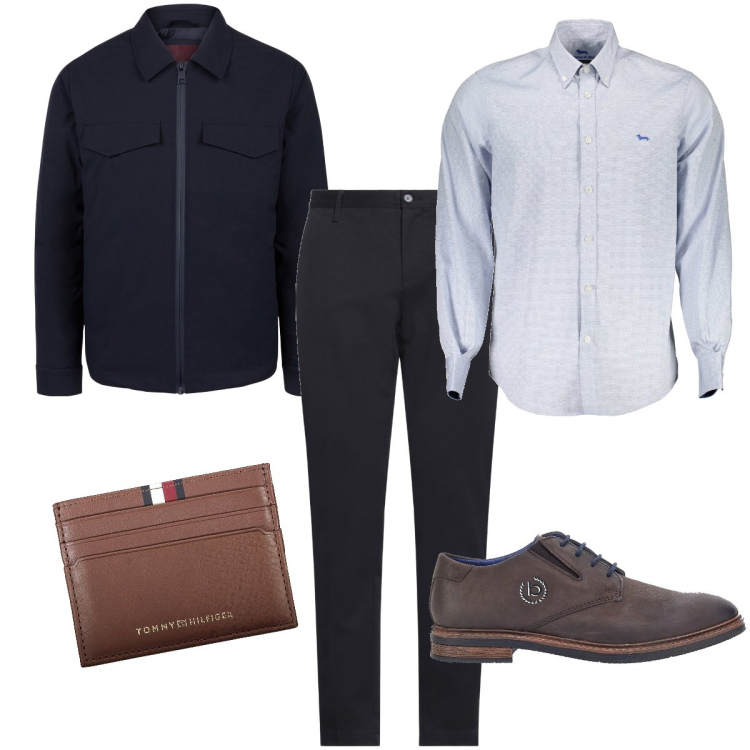 Outfit uomo - Serata in coppia. Stile Business/Elegante per Serata speciale. Abbinamento con pantaloni chino, scarpe stringate, camicie, portafogli, piumini.