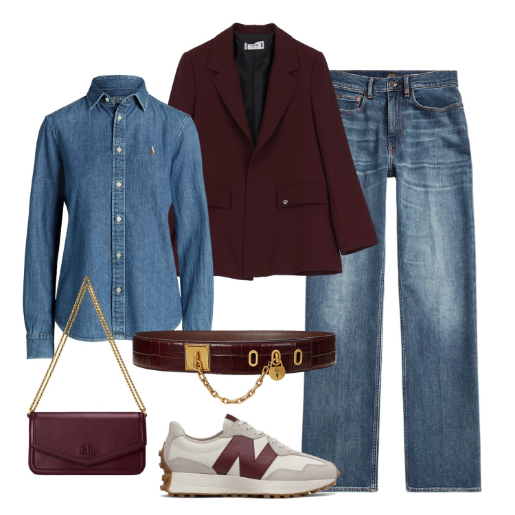 Outfit donna - Look Denim su Denim. Stile Trendy per Tutti i giorni. Abbinamento con sneakers, blazer, cinture, jeans dritti, camicie, borse a spalla.