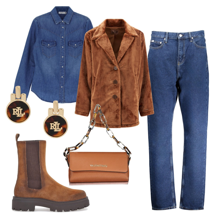 Outfit donna - Denim & cognac. Stile Casual per Tutti i giorni. Abbinamento con camicie, cappotti, orecchini, stivaletti chelsea, jeans dritti, borse a spalla.