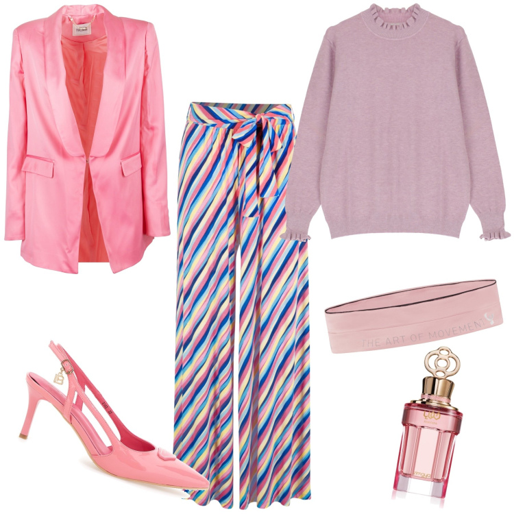 Outfit donna - Pink. Stile Bon Ton per Cerimonia. Abbinamento con pantaloni a palazzo, profumi, blazer, marsupi, maglieria, décolleté.