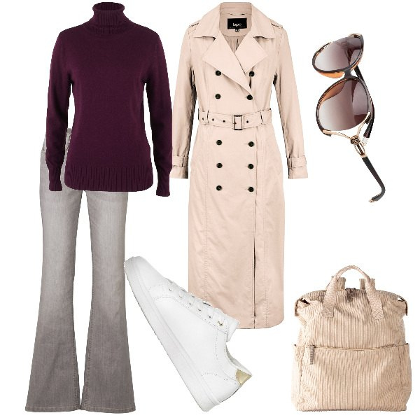 Outfit donna - trench e sneakers. Stile Casual chic per Tutti i giorni. Abbinamento con maglieria, occhiali da sole, jeans bootcut, sneakers, trench, zaini.