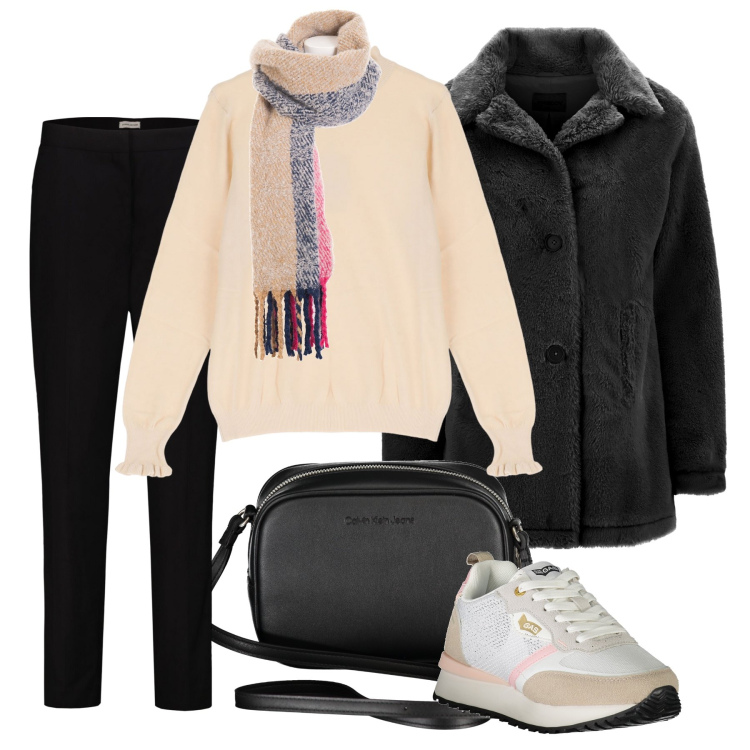 Outfit donna - Arriva il freddo, ecco la sciarpa. Stile Casual per Tutti i giorni. Abbinamento con sciarpe, cappotti, maglieria, pantaloni, sneakers, borse a tracolla.