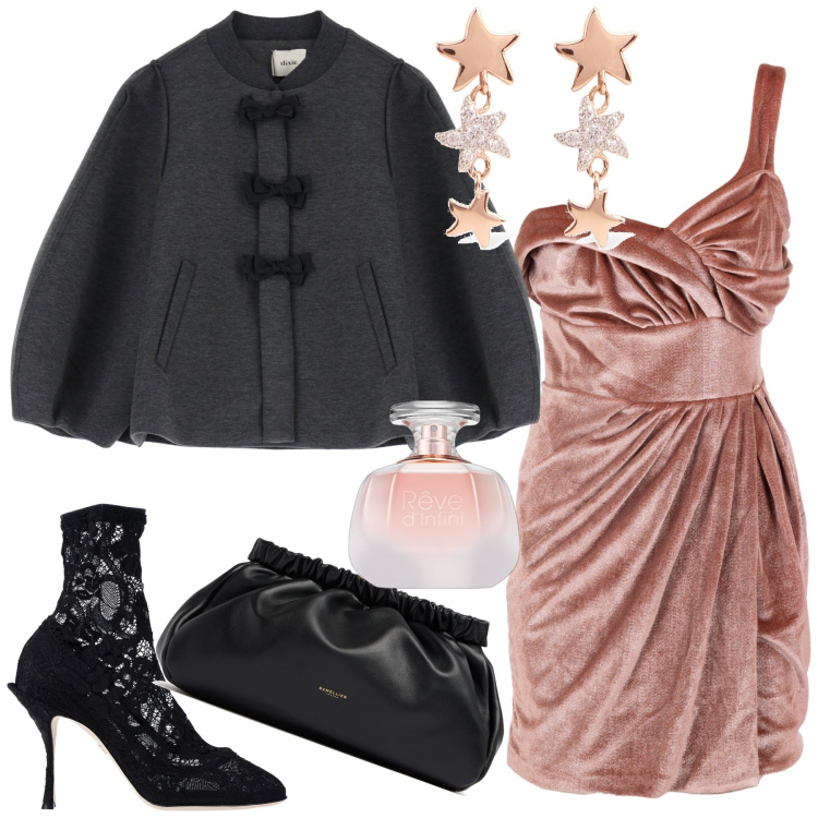 Outfit donna - Velluto pizzo e raso sotto le stelle. Stile Glamour per Serata fuori. Abbinamento con stivaletti, profumi, vestiti asimmetrici, blazer, orecchini, pochette.