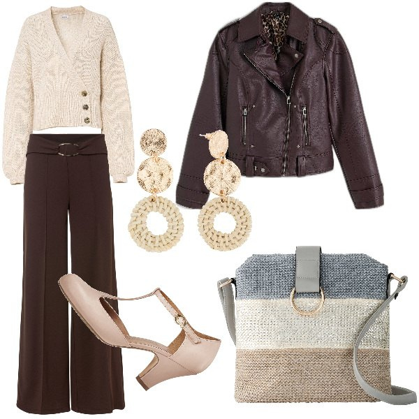 Outfit donna - Il fascino del marrone. Stile Trendy per Ufficio. Abbinamento con orecchini, pantaloni a palazzo, maglieria, décolleté, borse a tracolla, blazer.