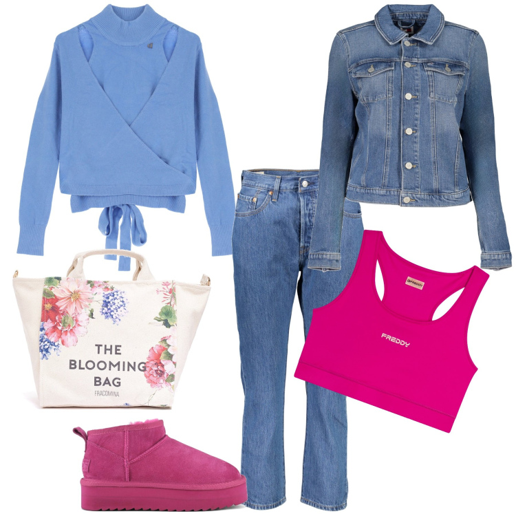 Outfit donna - Total look sporty. Stile Sporty chic per Tutti i giorni. Abbinamento con borse tote, reggiseni, maglieria, stivaletti, jeans, blazer.