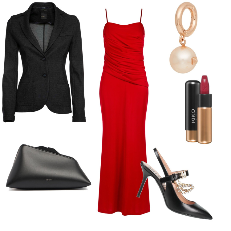 Outfit donna - All inaugurazione. Stile Chic per Serata fuori. Abbinamento con orecchini, décolleté, rossetti, vestiti asimmetrici, blazer, pochette.