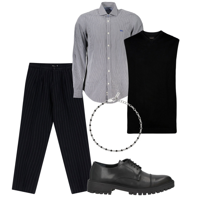 Outfit uomo - Black spritz. Stile Urban per Tutti i giorni. Abbinamento con scarpe stringate, braccialetti, pantaloni, gilet, camicie.