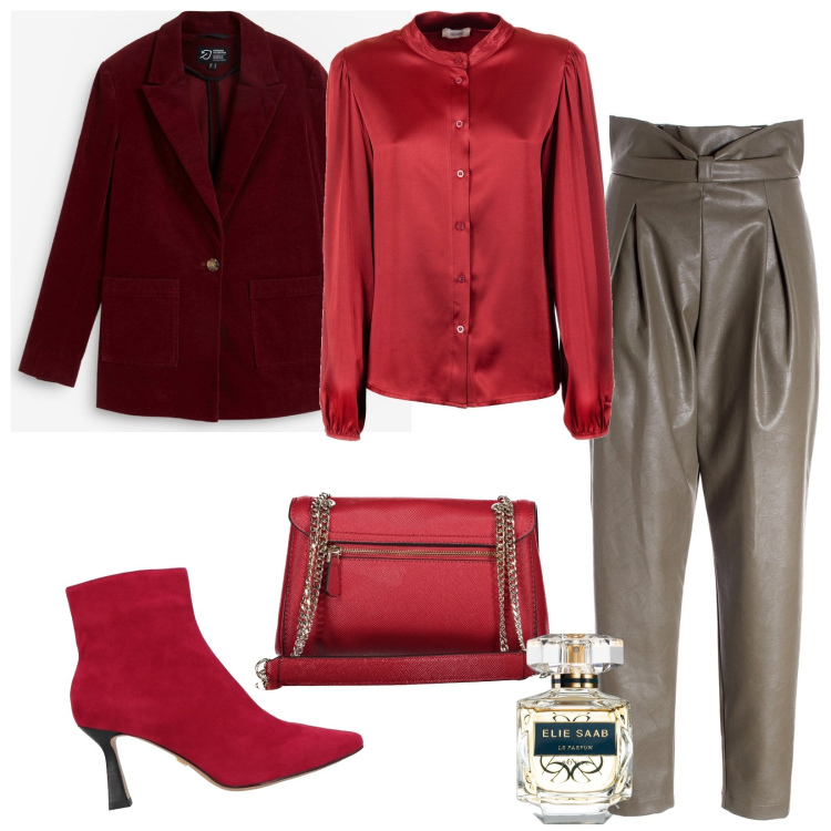 Outfit donna - L\'autunno in rosso. Stile Trendy per Tutti i giorni. Abbinamento con blazer, stivaletti, profumi, pantaloni, camicie, borse a spalla.