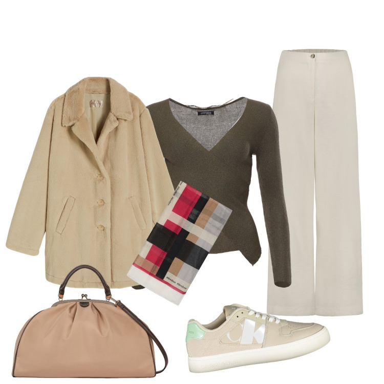 Outfit donna - In città. Stile Casual chic per Tutti i giorni. Abbinamento con maglieria, cappotti, pantaloni, sneakers, sciarpe, borse a spalla.