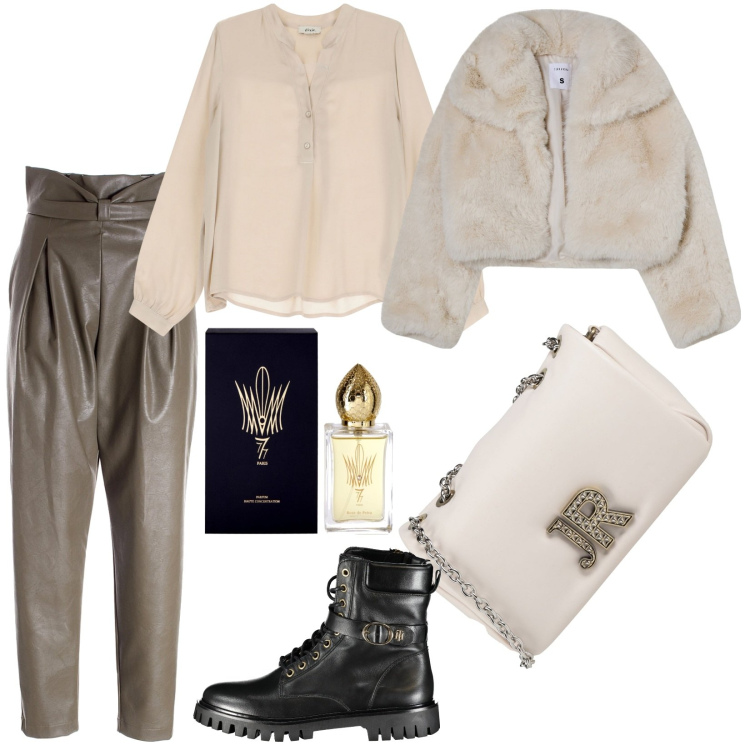 Outfit donna - Eco pelliccia avorio. Stile Trendy per Tutti i giorni. Abbinamento con borse a tracolla, profumi, blazer, pantaloni, camicie, stivali.