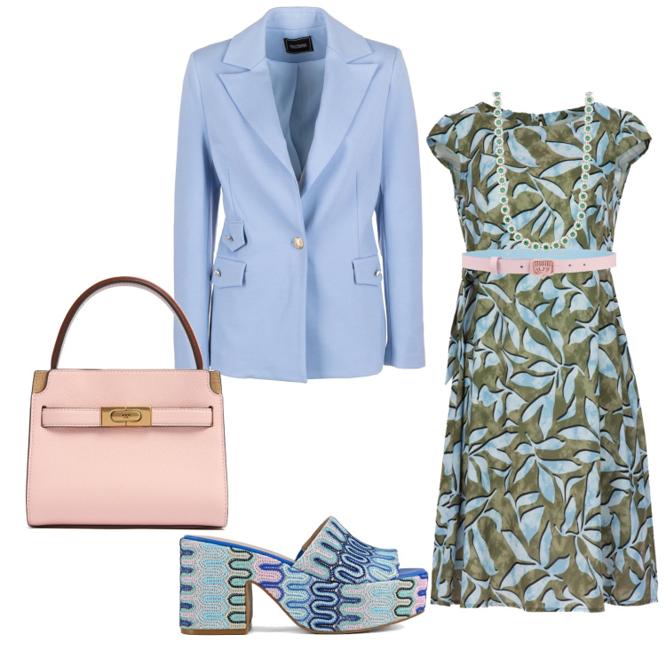 Outfit donna - Nostalgia del Sabot. Stile Casual per Serata fuori. Abbinamento con cinture, collane, blazer, sabot, vestiti midi/longuette, borse a mano.