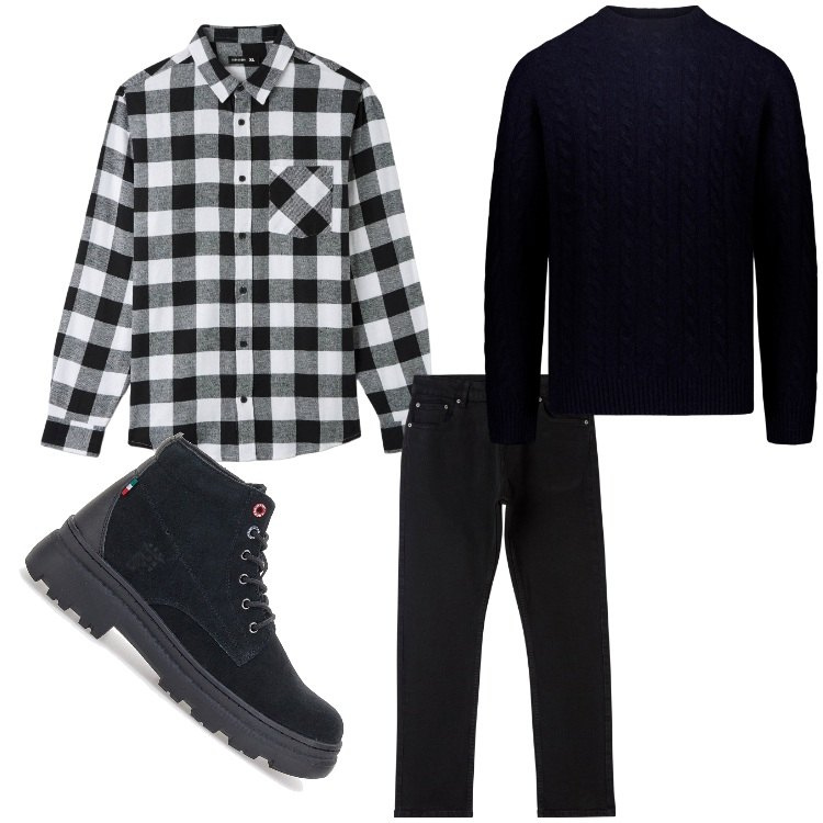 Outfit uomo - Bianco e nero. Stile Casual per Tutti i giorni. Abbinamento con camicie, pantaloni, stivali e stivaletti, maglieria.