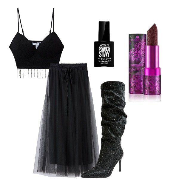 Outfit donna - Look da brivido. Stile Sexy per Serata fuori. Abbinamento con rossetti, smalti, gonne lunghe, stivali, top.