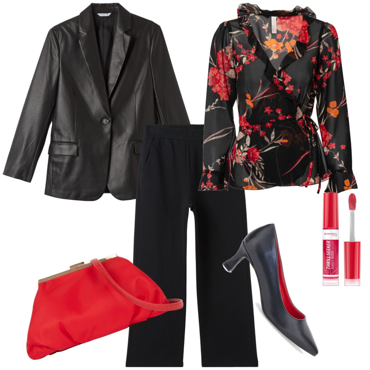 Outfit donna - Il rosso in una serata glam. Stile Glamour per Serata fuori. Abbinamento con bluse, gloss, pantaloni, blazer, décolleté, pochette.