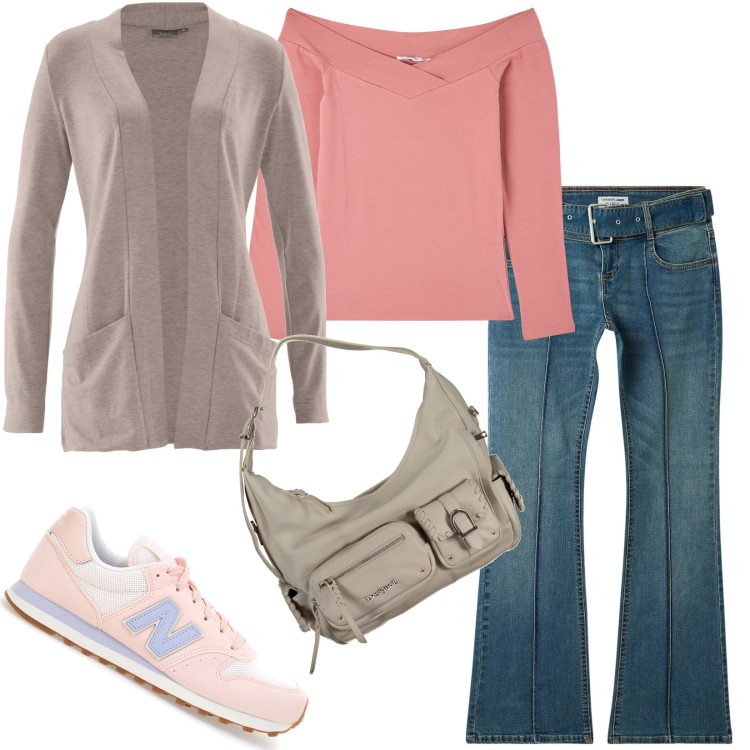 Outfit donna - Total look #1981792. Stile Casual per Tutti i giorni. Abbinamento con cardigans, jeans a zampa, t-shirt, sneakers, borse a spalla.