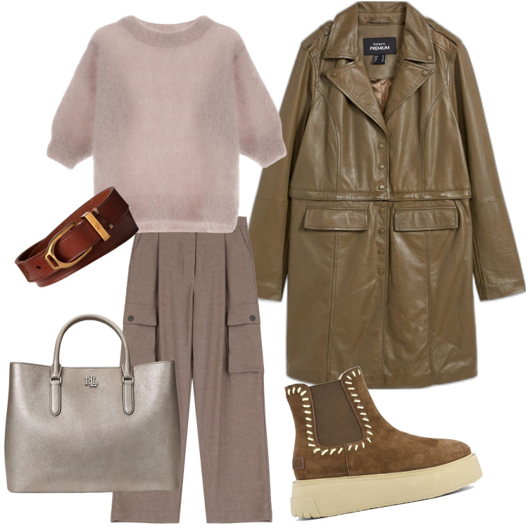 Outfit donna - Total look. Stile Trendy per Tutti i giorni. Abbinamento con blazer, pantaloni, maglieria, braccialetti, borse a mano, stivaletti.