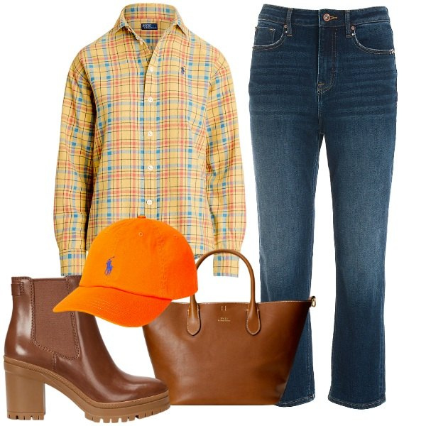 Outfit donna - Cappellino e jeans. Stile Casual per Tutti i giorni. Abbinamento con jeans boyfriend, cappelli, stivaletti chelsea, borse tote, camicie.