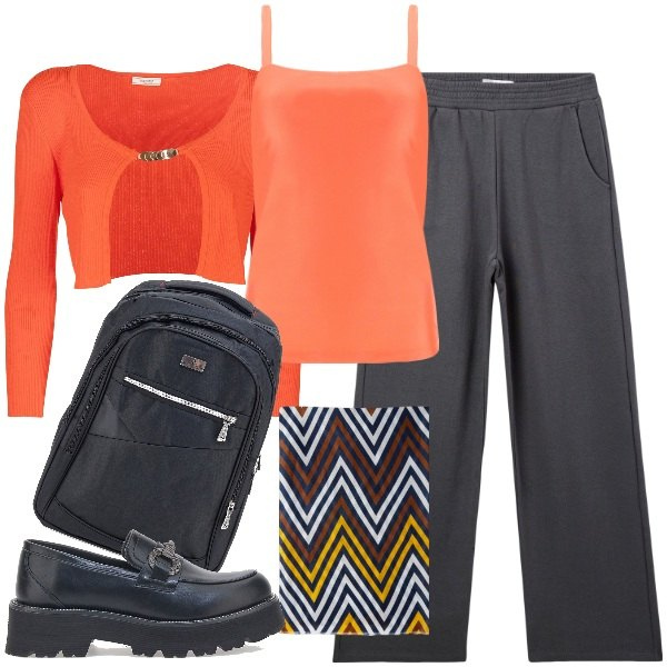 Outfit donna - Ocra e grigio. Stile Minimal per Scuola/Università. Abbinamento con pantaloni, cardigans, canottiere, sciarpe, mocassini, zaini.