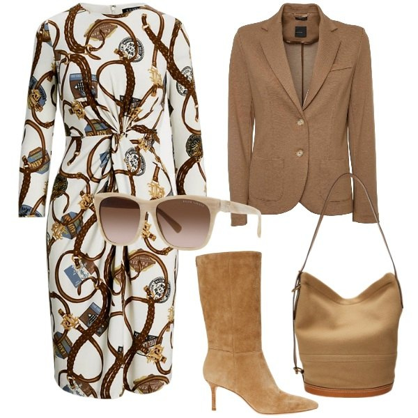 Outfit donna - Total look #1981806. Stile Chic per Ufficio. Abbinamento con occhiali da sole, vestiti, stivali, borse a mano, blazer.