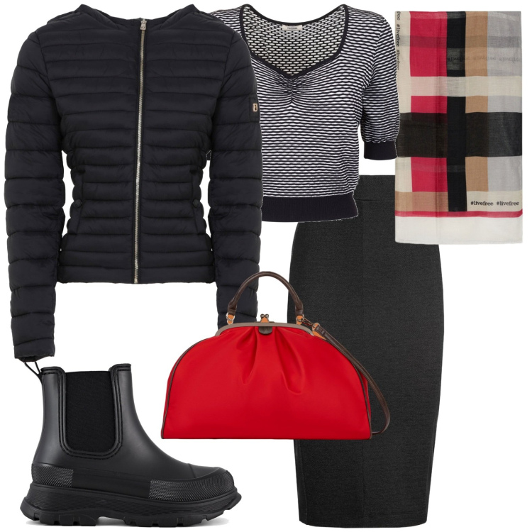 Outfit donna - Total look #1981831. Stile Casual per Tutti i giorni. Abbinamento con piumini, maglieria, stivali, gonne lunghe, borse a spalla, sciarpe.