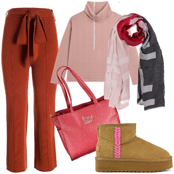 Outfit donna - Total look #1981838. Stile Casual per Scuola/Università. Abbinamento con pantaloni, sciarpe, maglieria, stivaletti, borse a spalla.