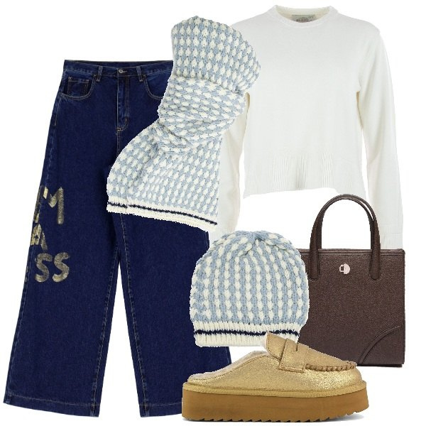 Outfit donna - Sciarpa e berretto. Stile Minimal per Tutti i giorni. Abbinamento con jeans, mocassini, berretti, shopping bag, maglieria, sciarpe.