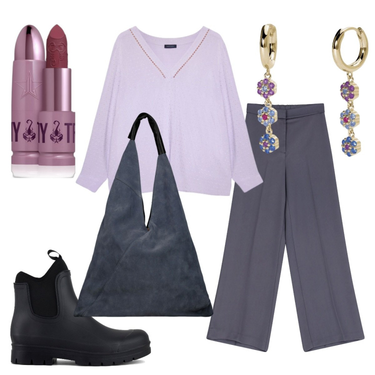 Outfit donna - Delicatezza. Stile Chic per Ufficio. Abbinamento con rossetti, orecchini, pantaloni, stivali, bluse, borse a spalla.