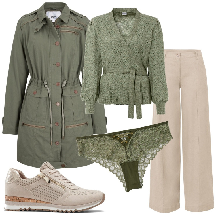Outfit donna - Morbidezza. Stile Casual chic per Tutti i giorni. Abbinamento con maglieria, sneakers, pantaloni a palazzo, parka, culotte.
