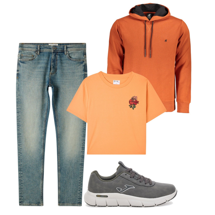 Outfit uomo - City. Stile Casual per Tutti i giorni. Abbinamento con t-shirt, jeans skinny, sneakers, felpe con cappuccio.