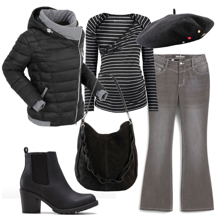 Outfit donna - Sportiva. Stile Basic per Tutti i giorni. Abbinamento con stivaletti, cappelli e berretti, giacche, jeans bootcut, maglieria, borse a mano.
