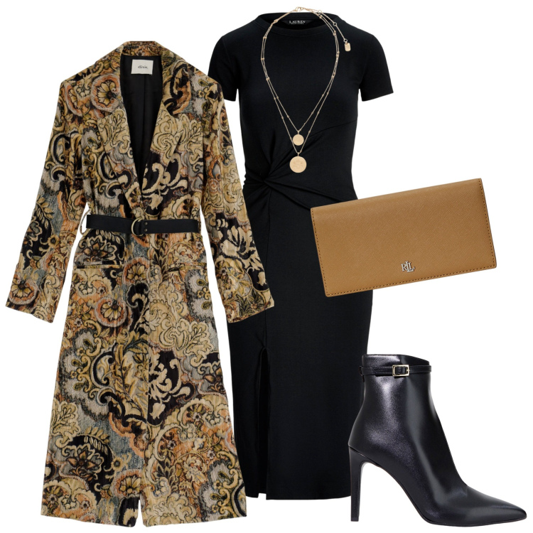 Outfit donna - Sfumature ocra. Stile Chic per Serata fuori. Abbinamento con stivaletti, trench, ciondoli, vestiti, portafogli.