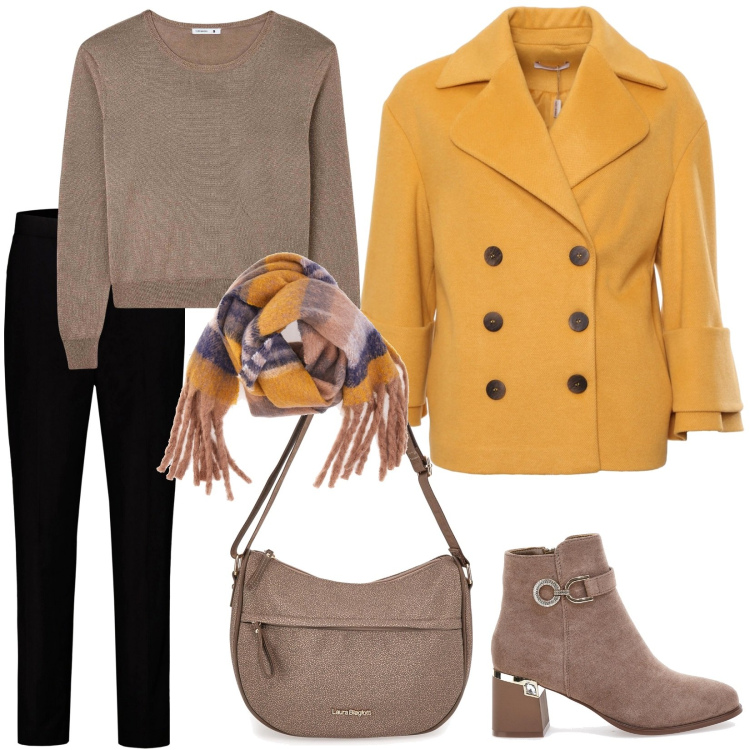 Outfit donna - Il cappotto corto ocra. Stile Casual per Tutti i giorni. Abbinamento con maglieria, cappotti, pantaloni, stivaletti, sciarpe, borse a tracolla.