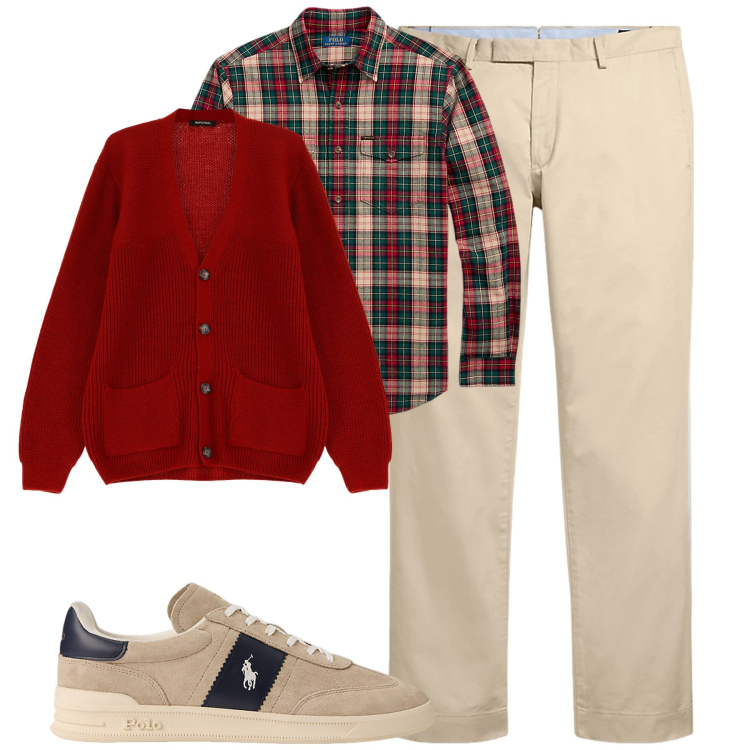 Outfit uomo - City. Stile Urban per Tutti i giorni. Abbinamento con cardigans, pantaloni chino, sneakers, camicie.